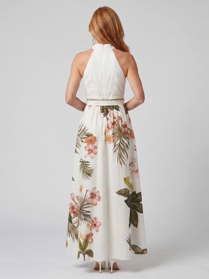 Prato | Abito Maxi con Pannello Botanico e Scollatura Halter Drappeggiata
