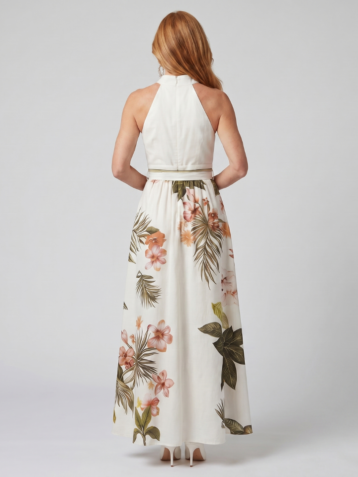 Prato | Abito Maxi con Pannello Botanico e Scollatura Halter Drappeggiata