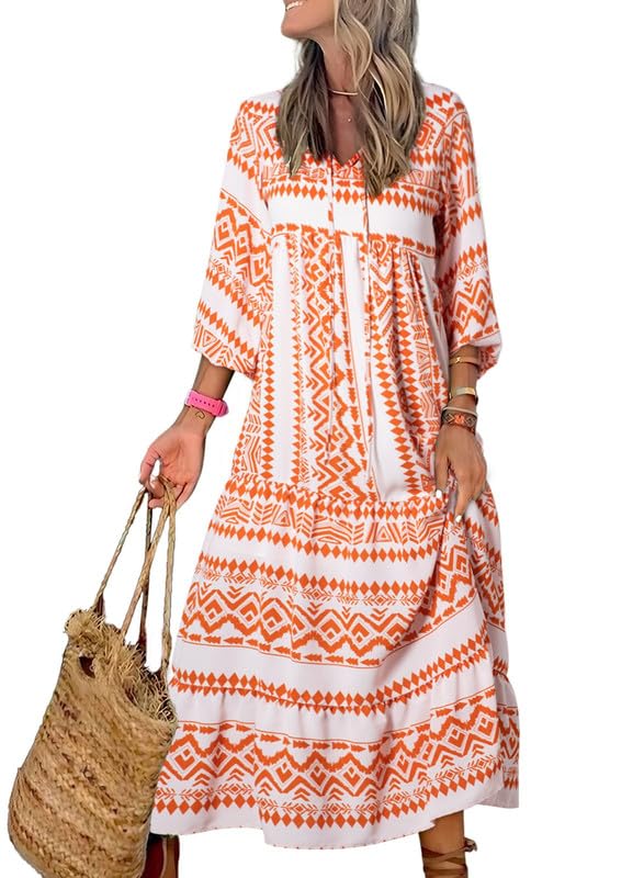 Abito Maxi Boho a Maniche Puff con Fantasia Floreale da Donna