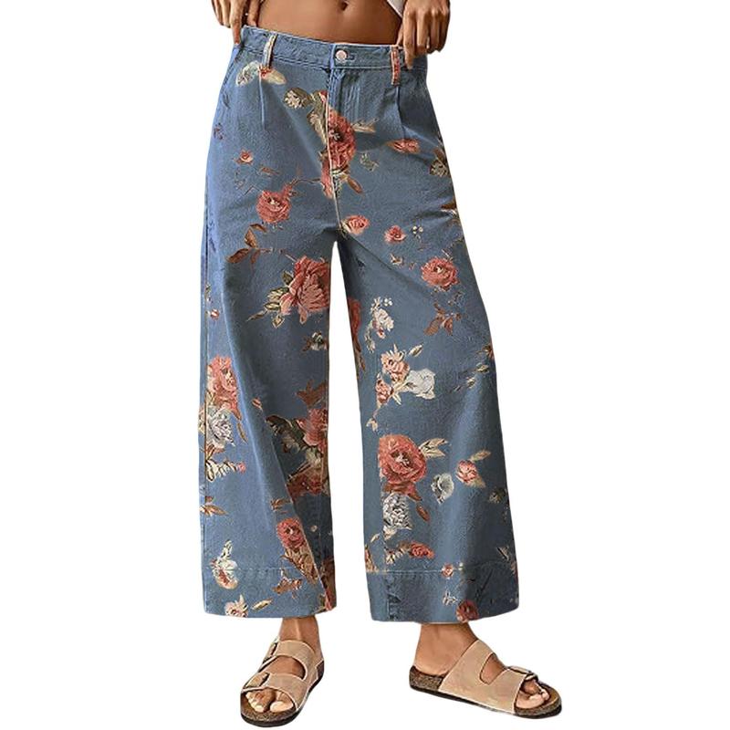 Pantaloni Casual a Vita Alta con Gamba Larga Floreali