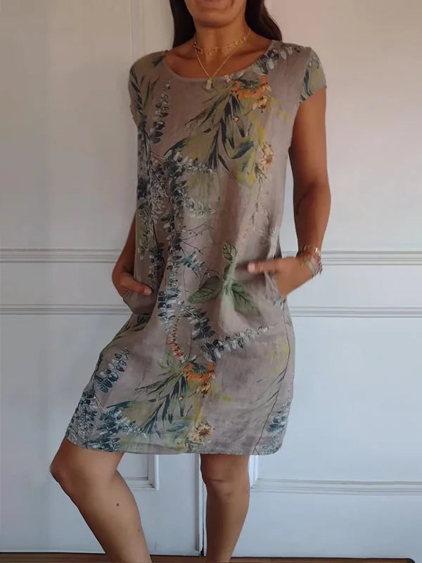 Abito estivo stampato in cotone e lino per donna con tasche