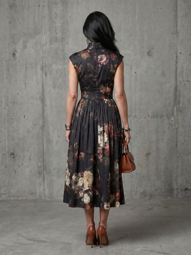 Greta | Abito Midi Plissettato a Fiori con Collo Alto e Fessura