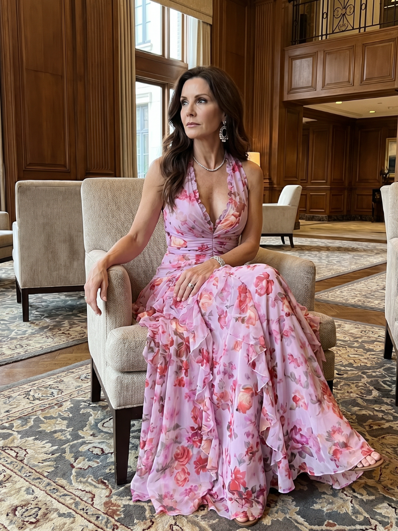 Nori | Abito Maxi Floreale con Corpino Arricciato e Collo Halter