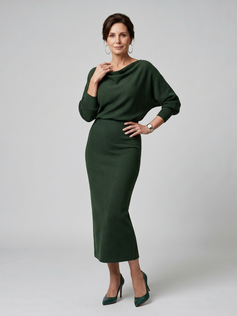 Romy | Abito midi con scollo drappeggiato e gonna aderente