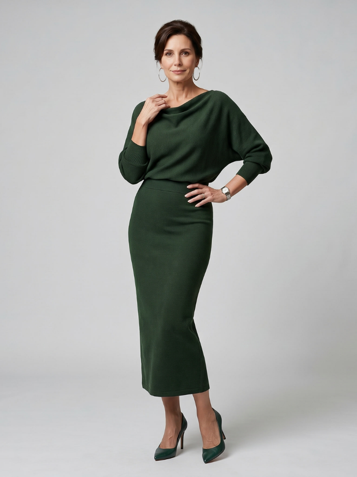 Romy | Abito midi con scollo drappeggiato e gonna aderente