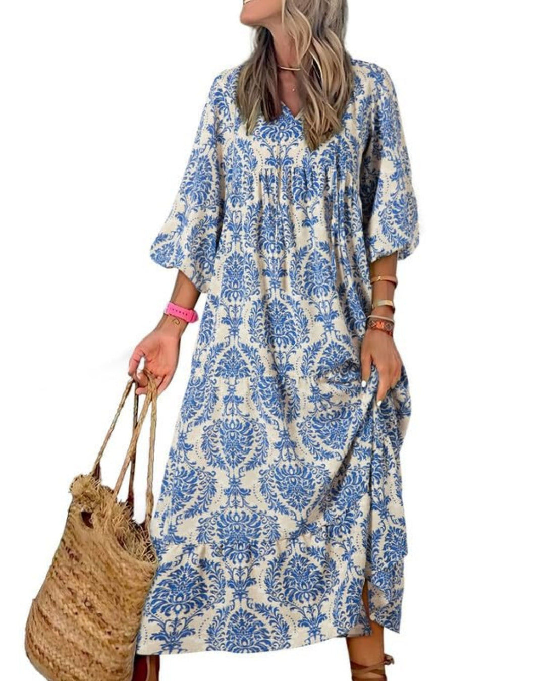Abito Maxi Boho a Maniche Puff con Fantasia Floreale da Donna