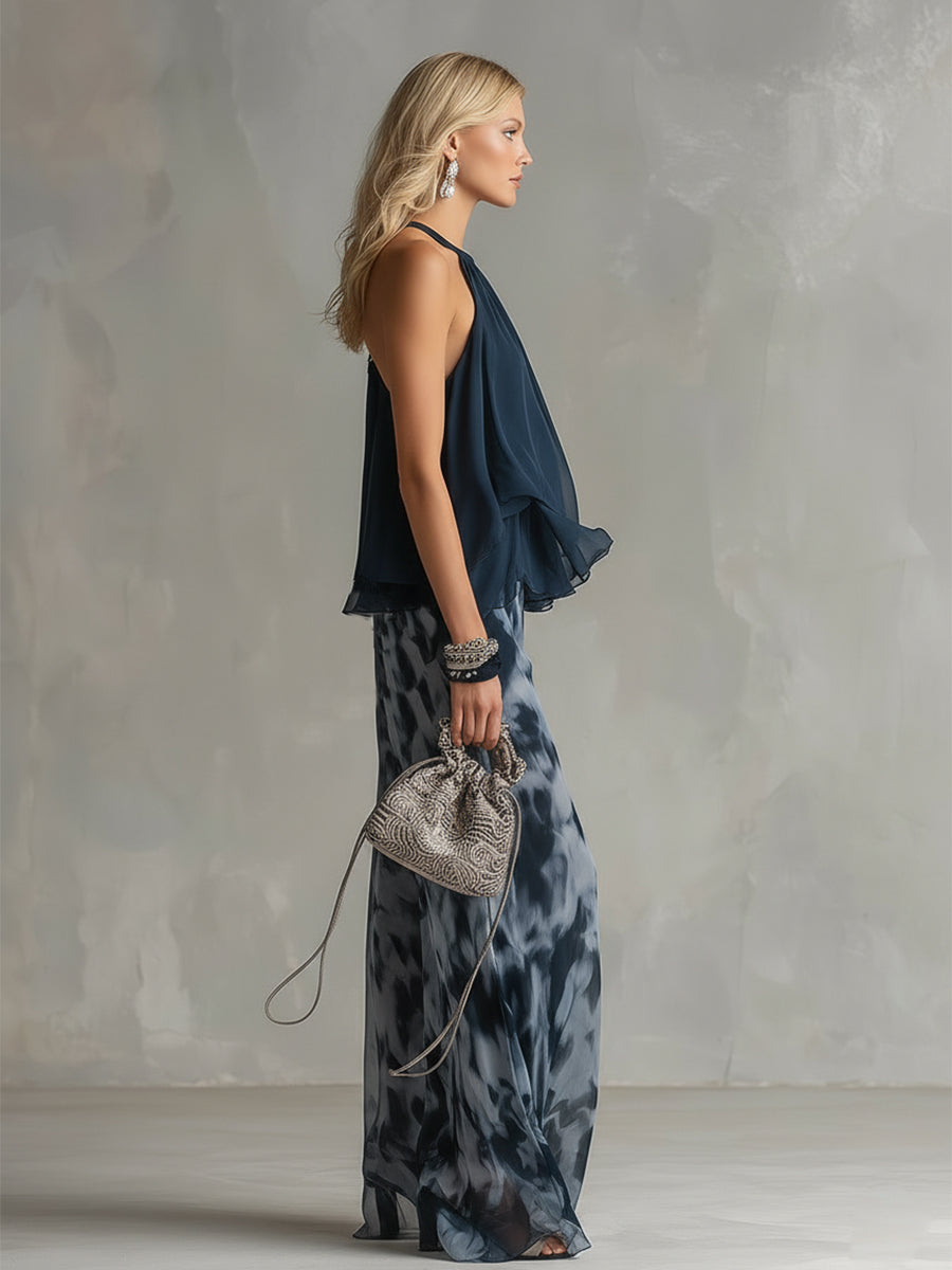 Lilla – ensemble elegante in chiffon con top a collo alto e pantaloni a gamba larga con motivo