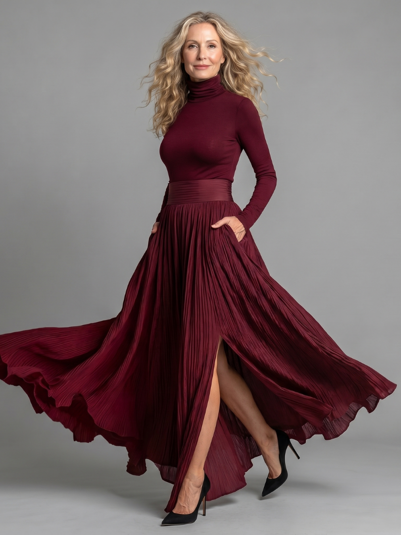 Lana | Abito midi a maniche lunghe con collo alto e vita definita