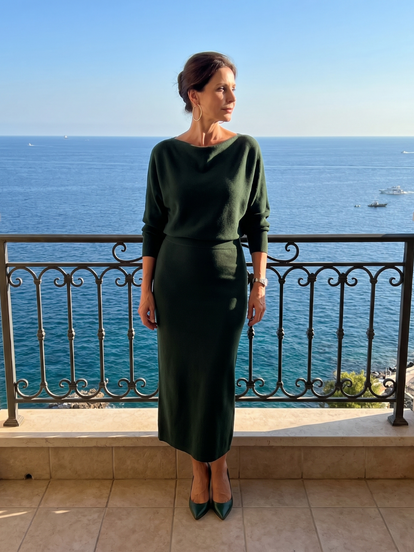 Romy | Abito midi con scollo drappeggiato e gonna aderente