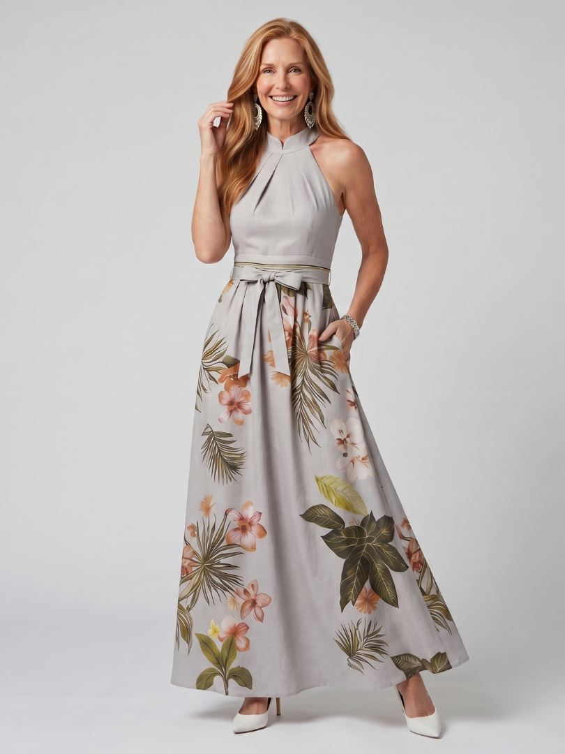 Prato | Abito Maxi con Pannello Botanico e Scollo Halter Drappeggiato