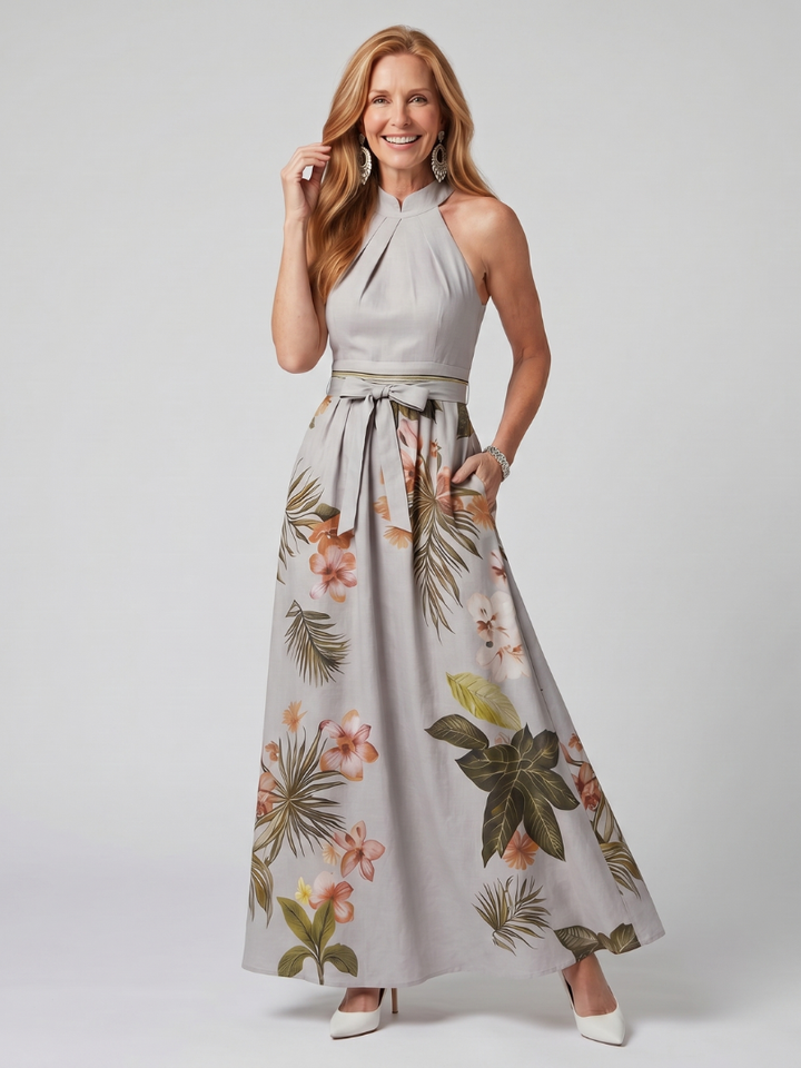 Prato | Abito Maxi con Pannello Botanico e Scollo Halter Drappeggiato