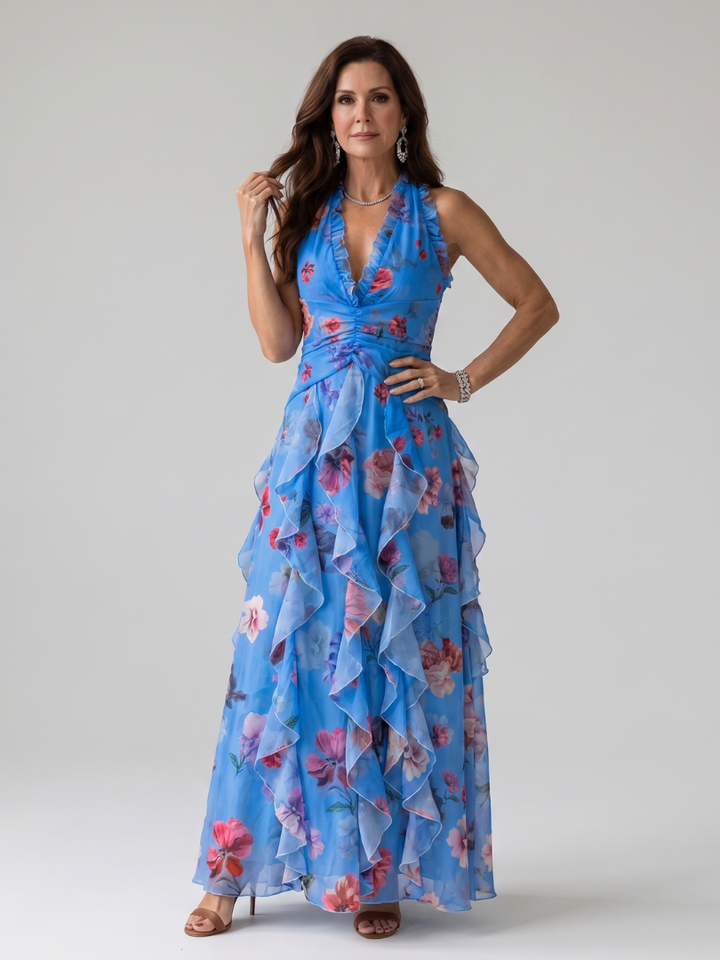 Nori | Abito Maxi Floreale con Corpino Arricciato e Collo Halter
