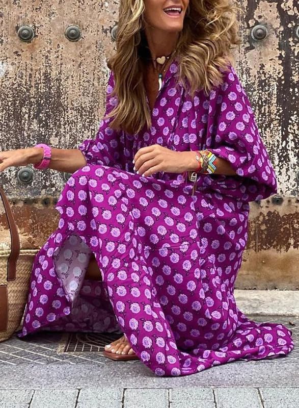 Abito Maxi Boho a Maniche Puff con Fantasia Floreale da Donna