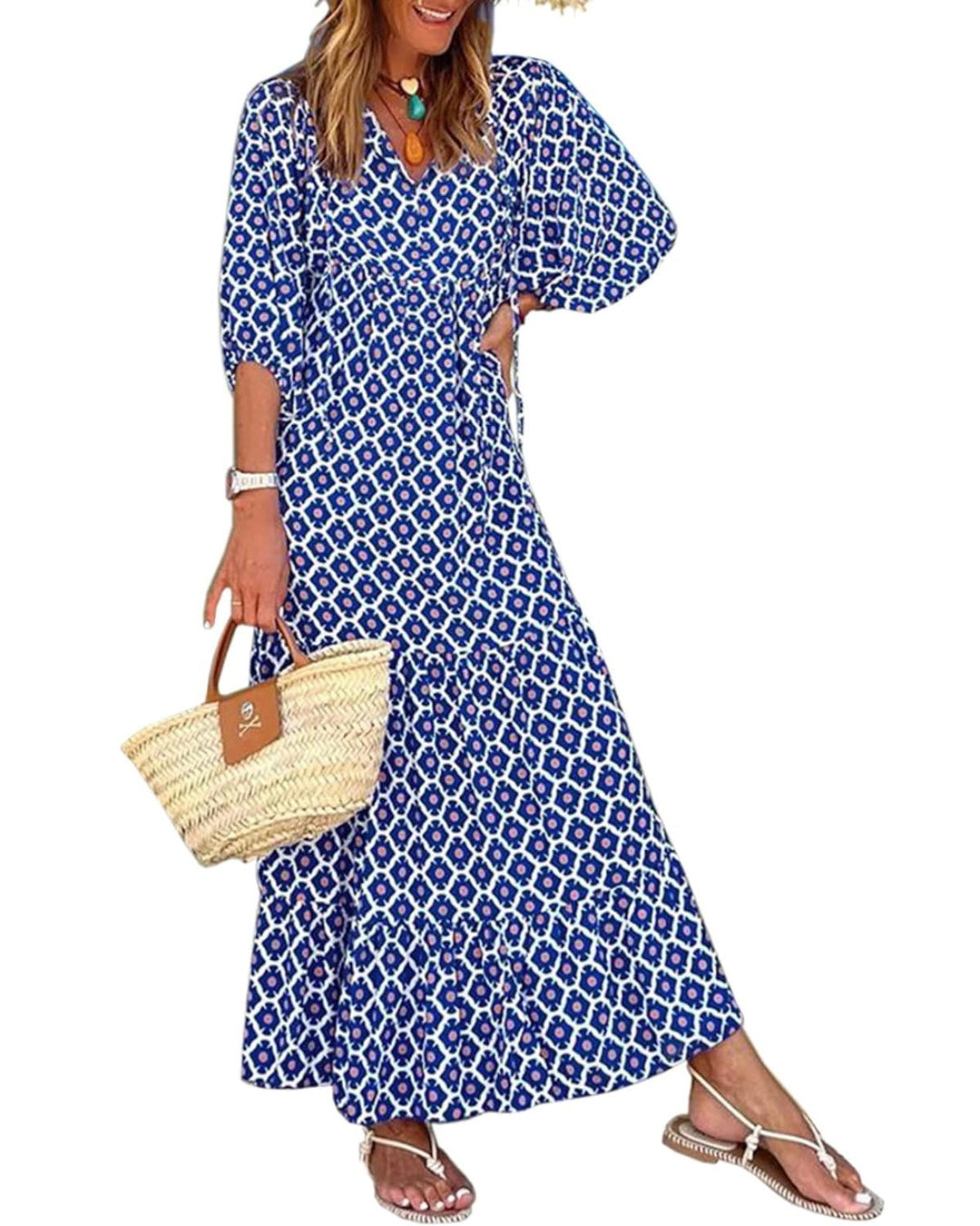 Abito Maxi Boho a Maniche Puff con Fantasia Floreale da Donna