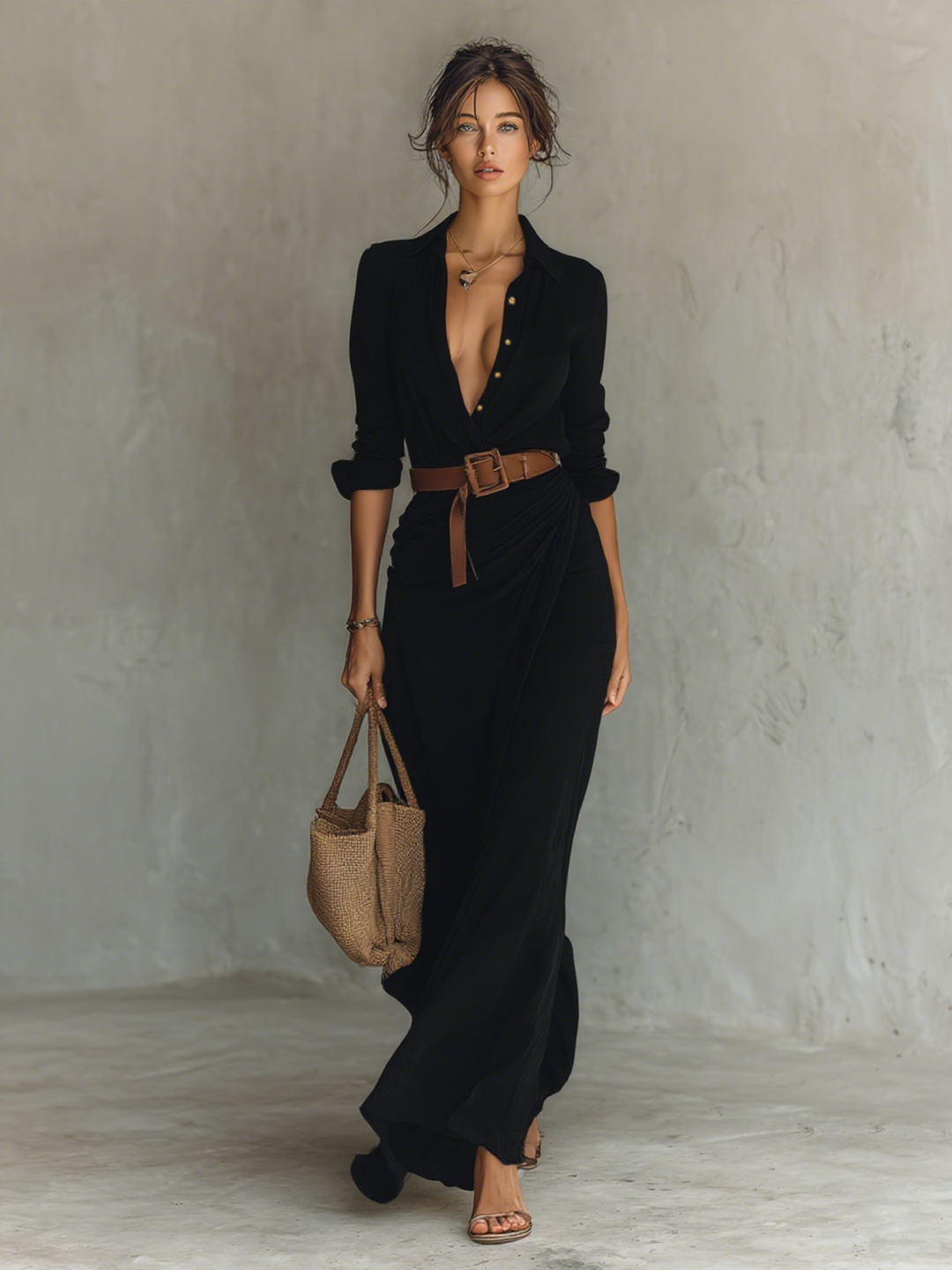 Maxi abito con colletto a revers e maniche lunghe