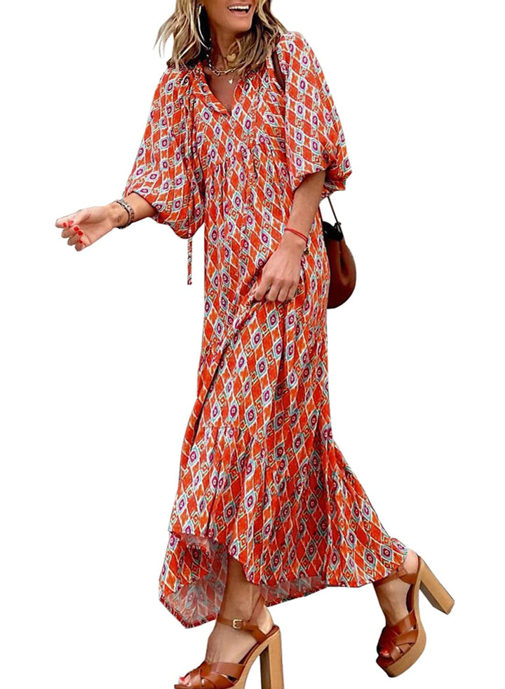 Abito Maxi Boho a Maniche Puff con Fantasia Floreale da Donna
