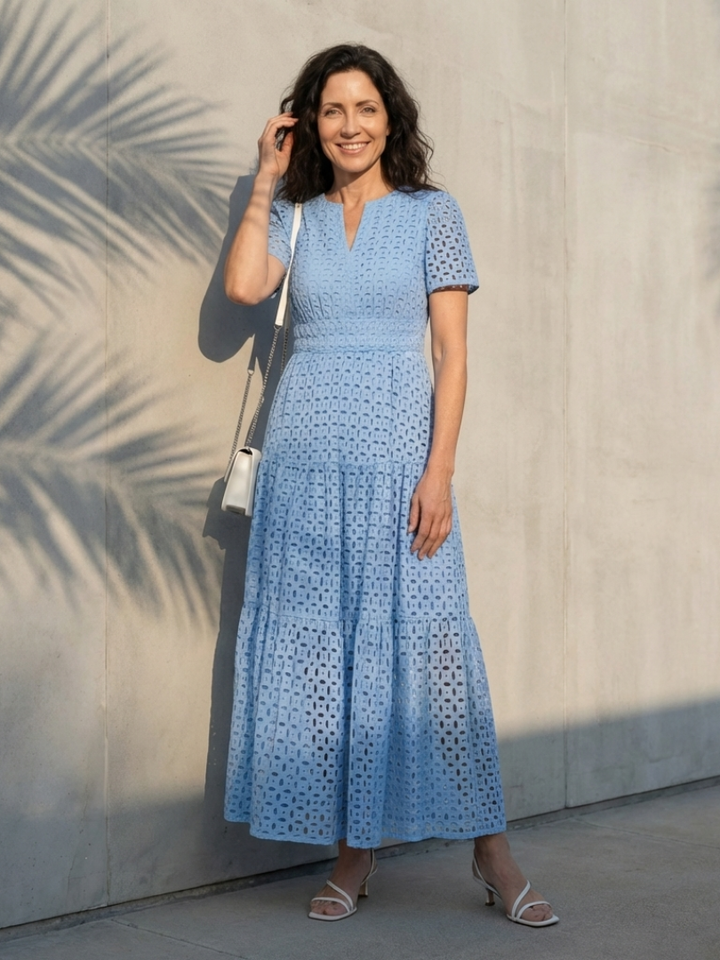 Brielle | Vestito Midi a Maniche Corte con Scollo a V a Strati