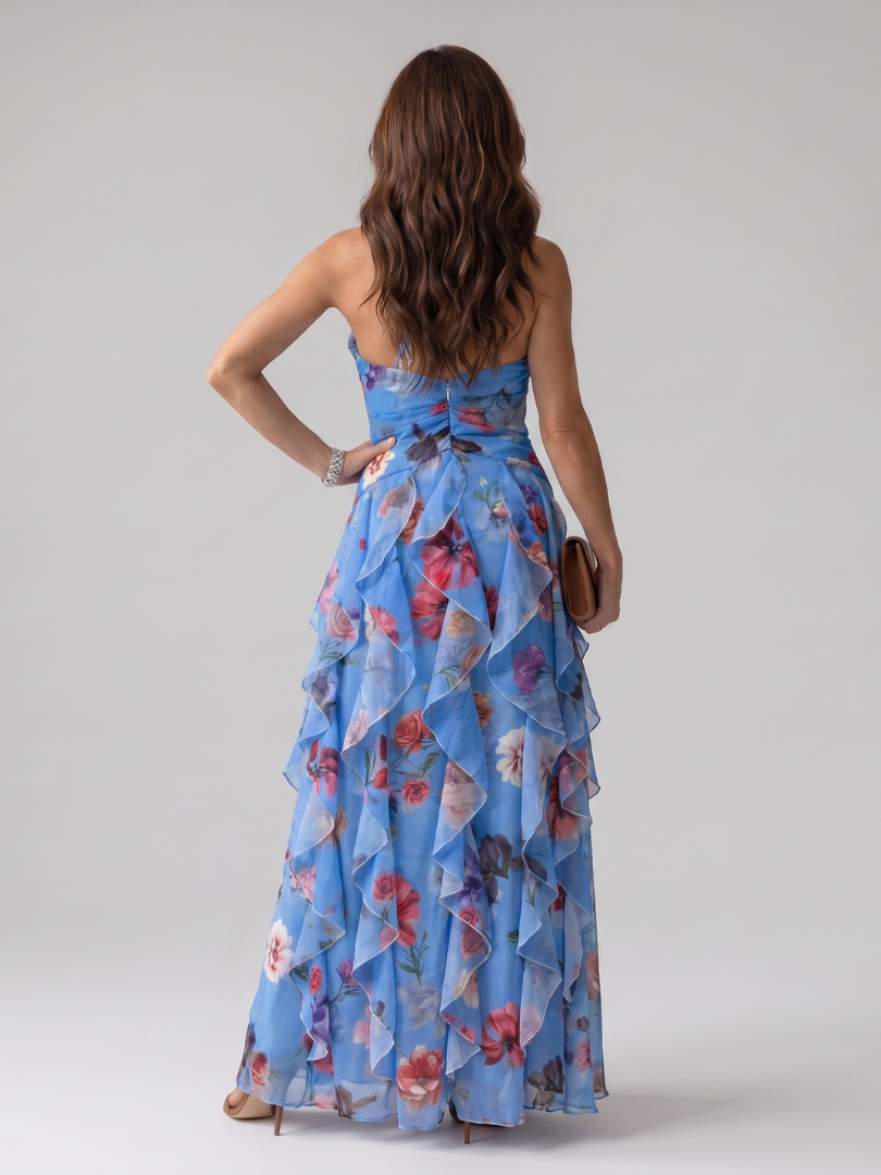 Nori | Abito Maxi Floreale con Corpino Arricciato e Collo Halter