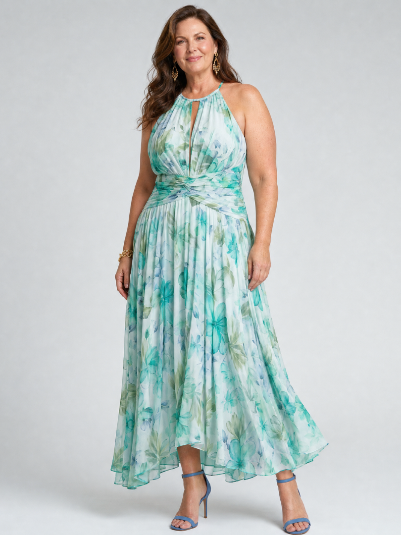 Portia | Abito midi floreale plissettato con scollo all'americana