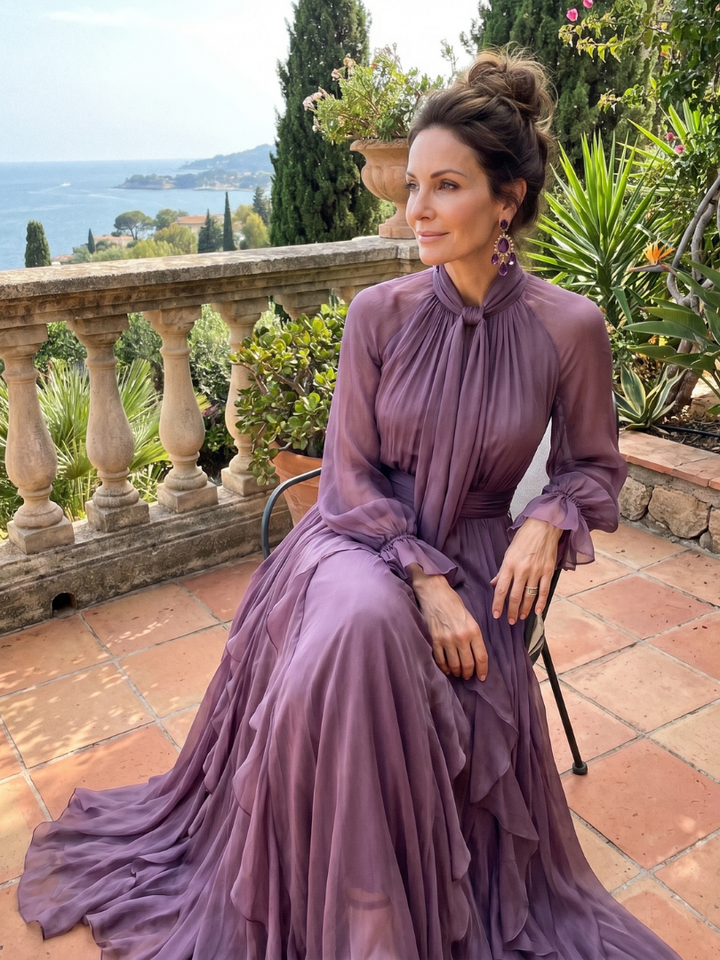 Demetria | Abito Maxi con Collo a Nastro e Volant