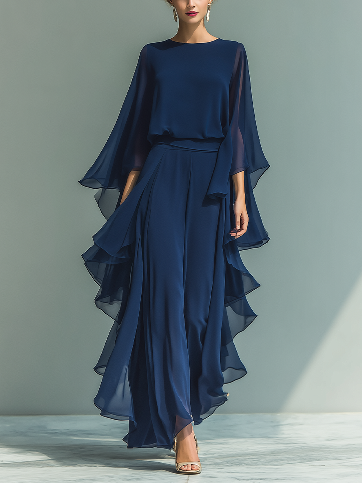 Set in Chiffon Blu Marino con Rouches