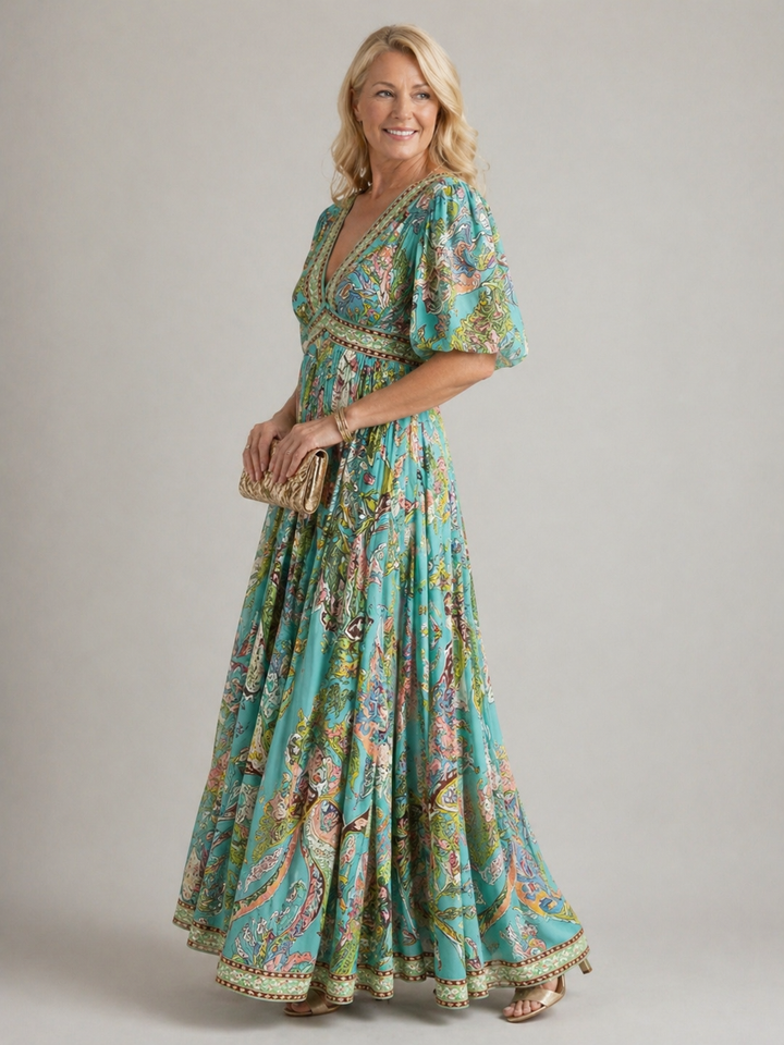 Ellis & Johnson™  | Abito maxi leggero con maniche a sbuffo e scollo a V