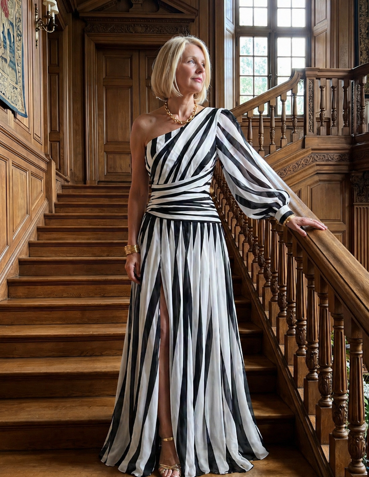 Ellis & Johnson™ | Elegante Abito Maxi a Righe con Spalla Scoperta