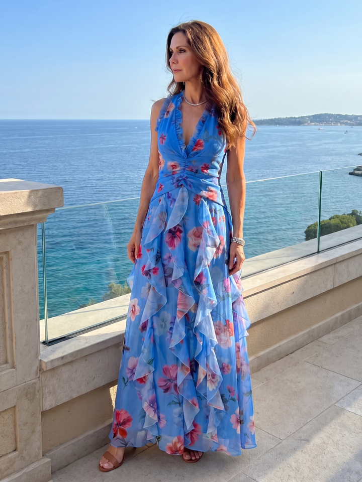 Nori | Abito Maxi Floreale con Corpino Arricciato e Collo Halter