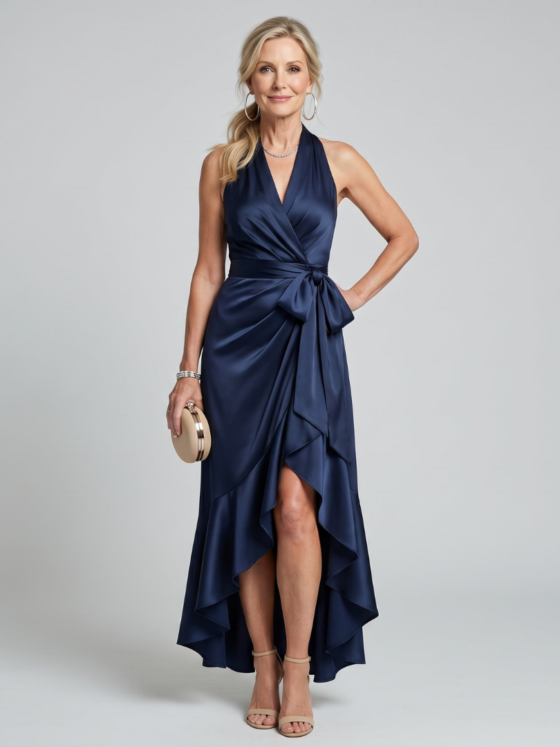 Honora | Vestito Midi Asimmetrico con Collo Halter