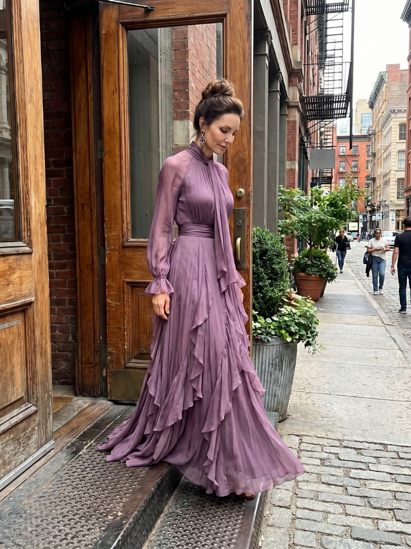Demetria | Abito Maxi con Collo a Fiocco e Volant
