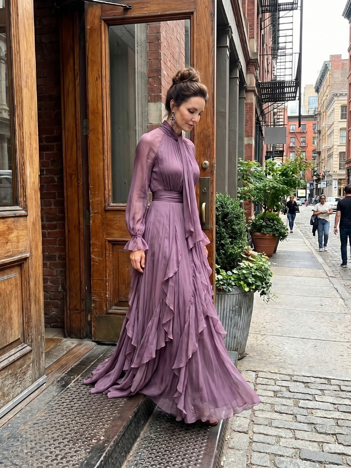 Demetria | Abito Maxi con Collo a Fiocco e Volant