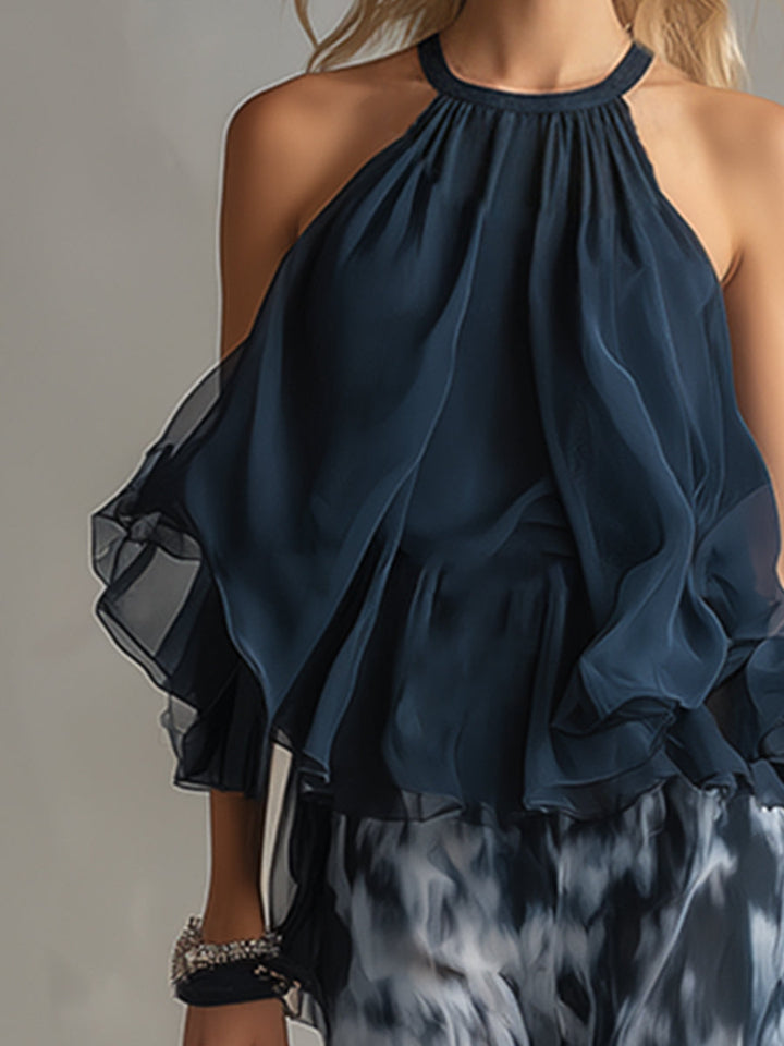 Lilla – ensemble elegante in chiffon con top a collo alto e pantaloni a gamba larga con motivo
