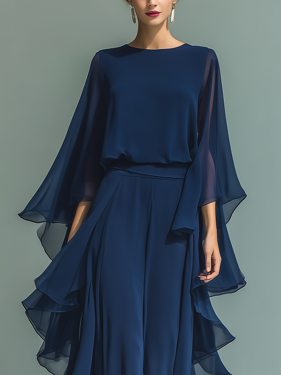 Set in Chiffon Blu Marino con Rouches