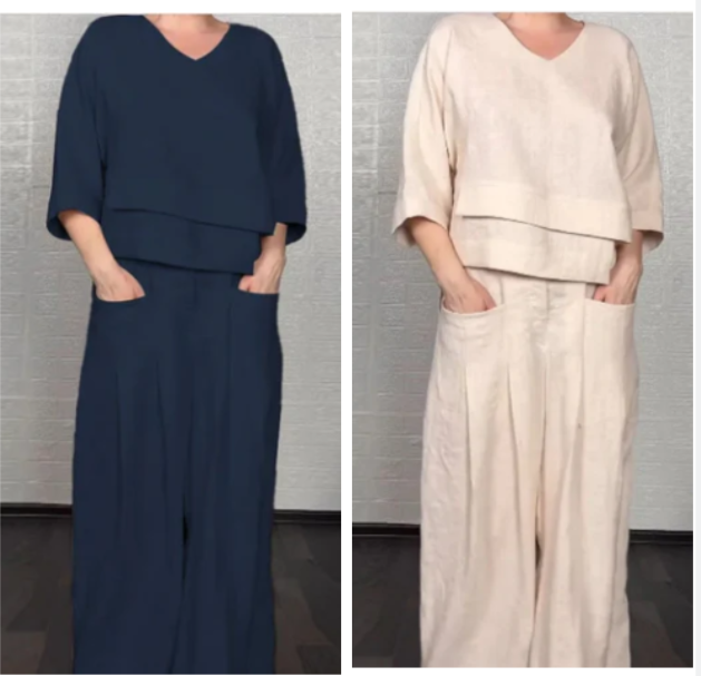 Liza - Completo in cotone e tela 2 pezzi - Top con scollo a V e pantaloni a gamba larga