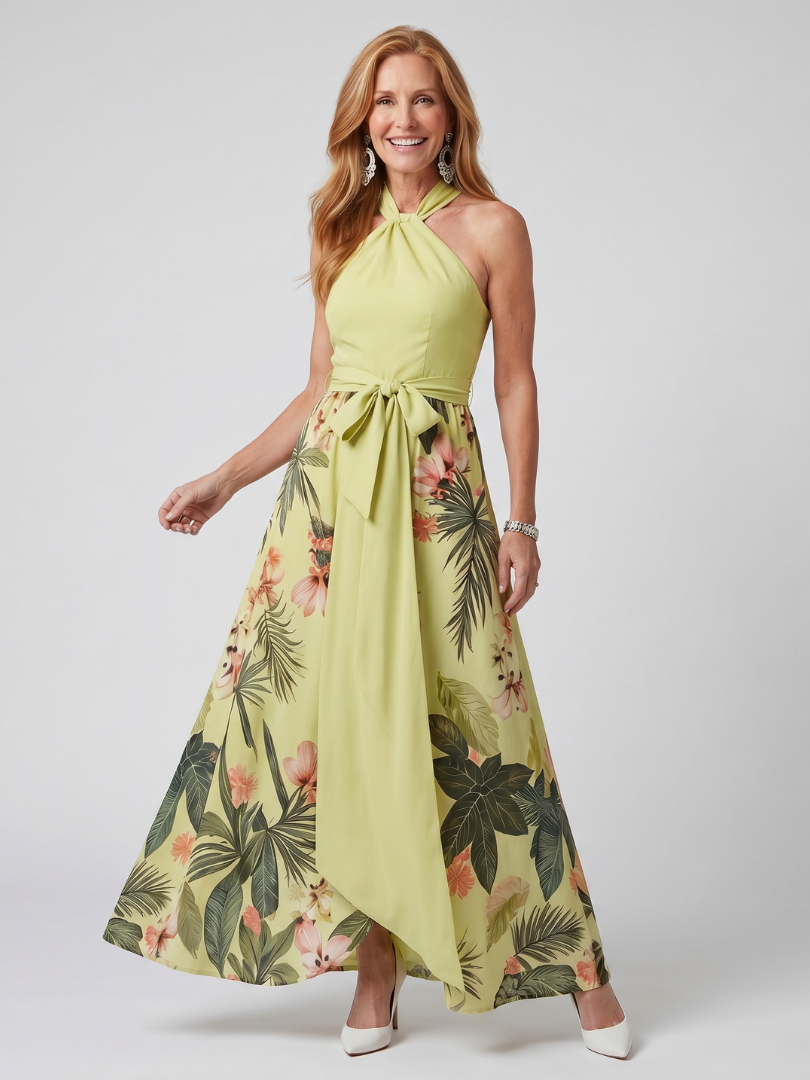Prato | Abito Maxi con Pannello Botanico e Scollo Halter Drappeggiato
