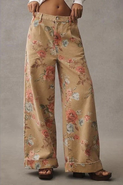 Pantaloni Casual a Vita Alta con Gamba Larga Floreali
