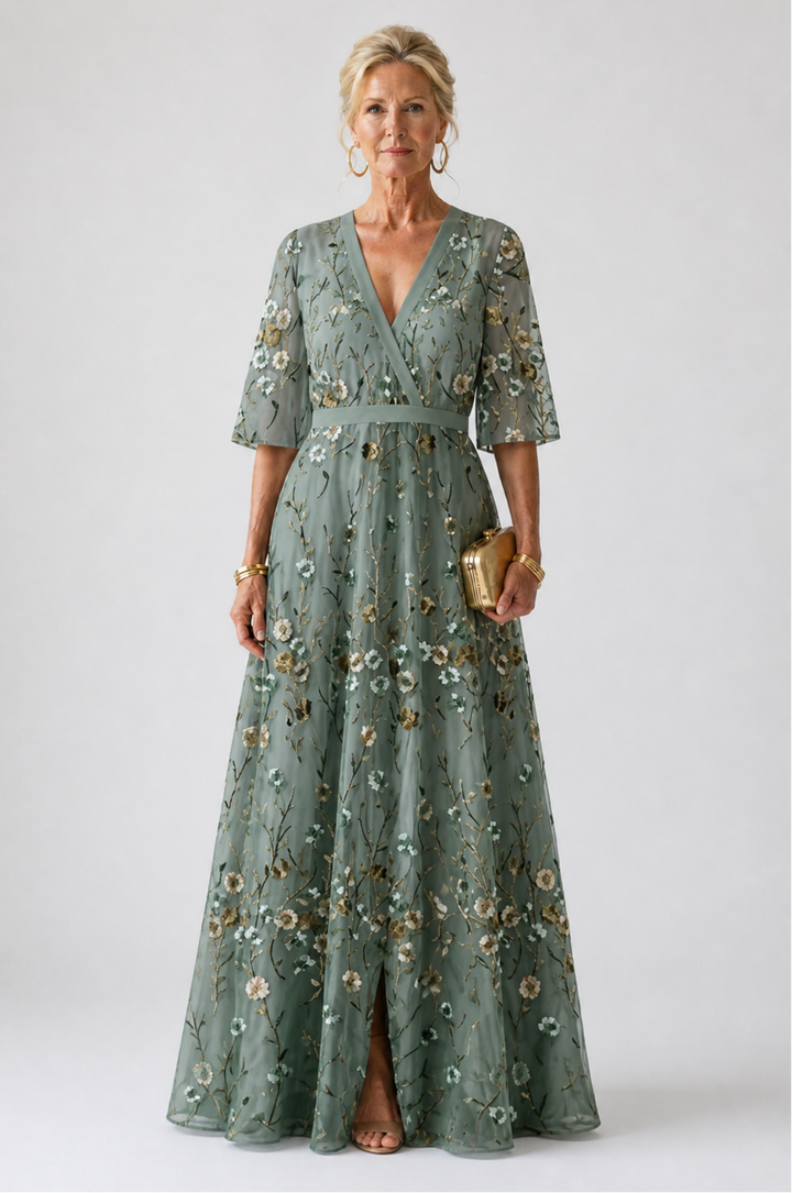 Ellis & Johnson™  | Abito Maxi a V Fiori con Maniche Corte