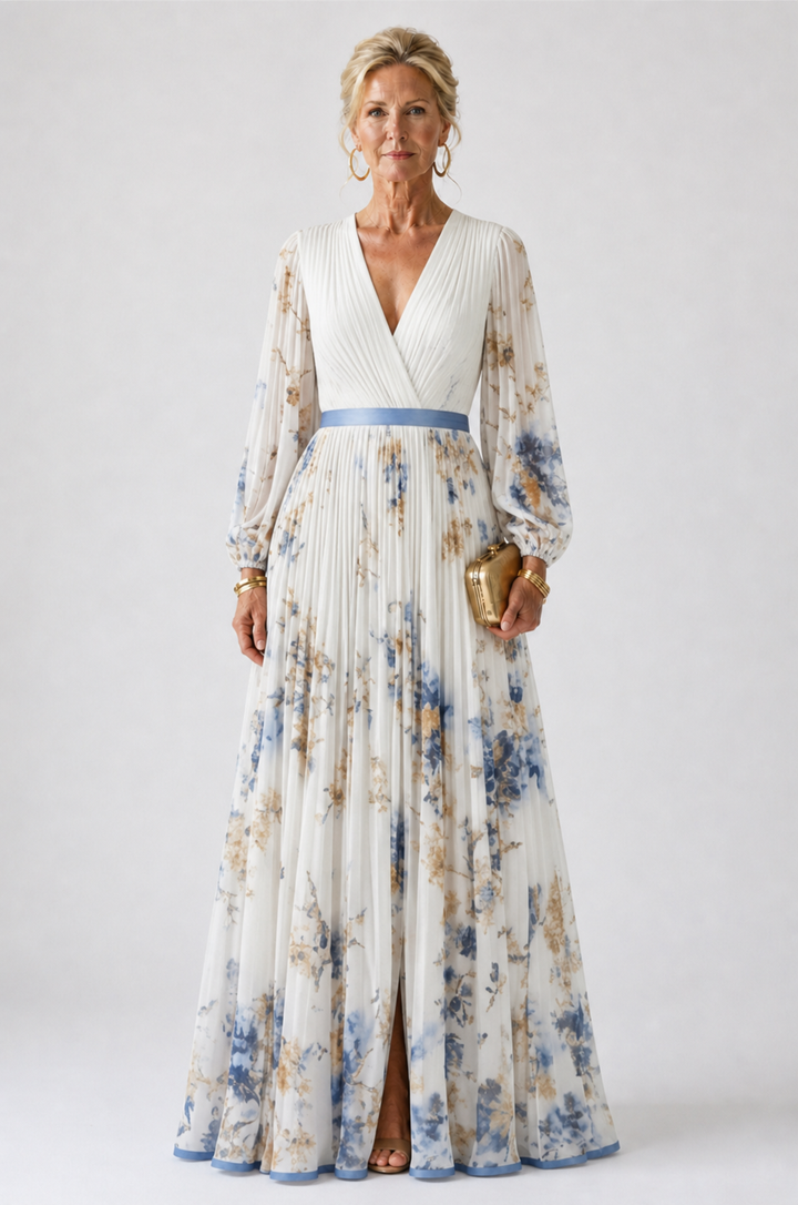 Ellis & Johnson™  | Abito Maxi a V con Maniche Lunghe e Fantasia Floreale