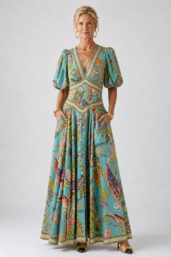 Ellis & Johnson™  | Abito maxi leggero con maniche a sbuffo e scollo a V