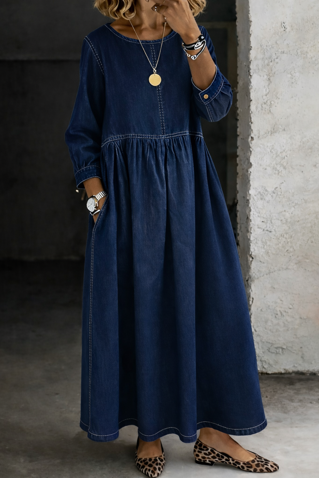 Melissa | Vestito in denim con scollatura rotonda e maniche lunghe