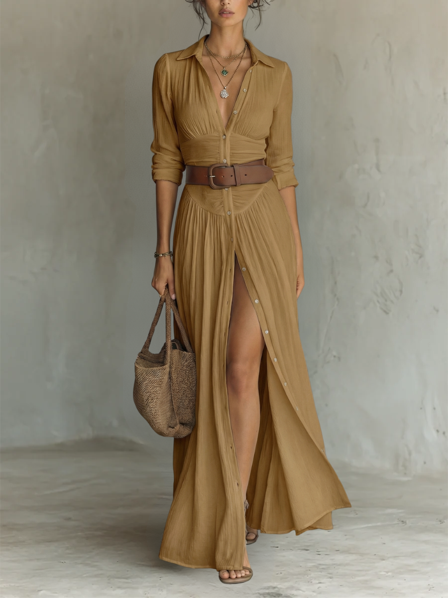 Robe Maxi Donna | Abito in lino con maniche lunghe e colletto