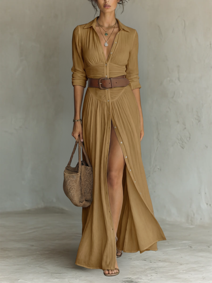 Abito Maxy in Lino con Collo Revers e Maniche Lunghe