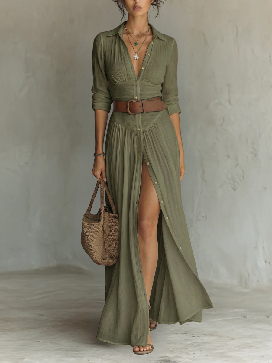 Robe Maxi Donna | Abito in lino con maniche lunghe e colletto