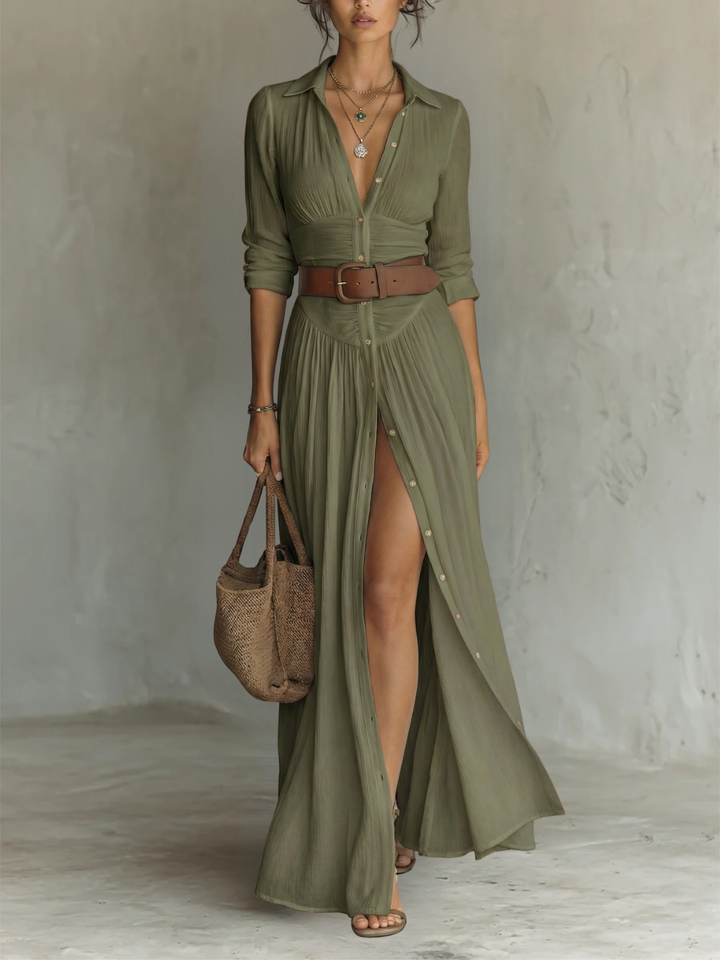 Abito Maxy in Lino con Collo Revers e Maniche Lunghe