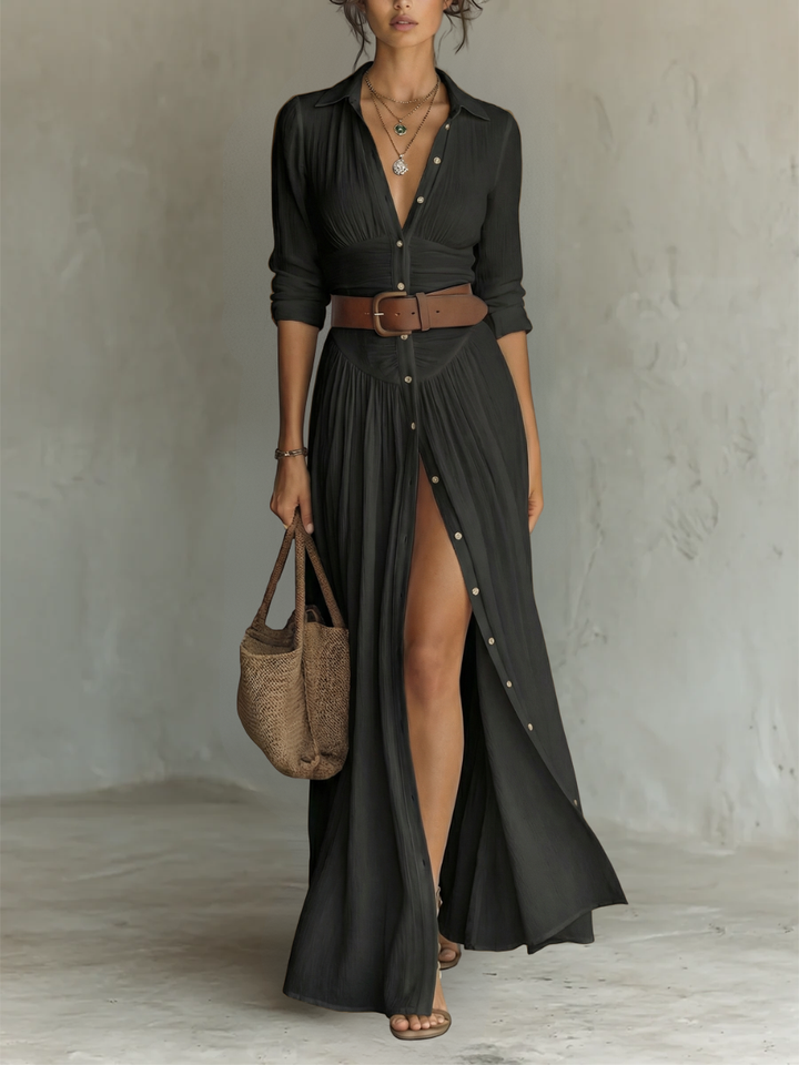 Robe Maxi Donna | Abito in lino con maniche lunghe e colletto