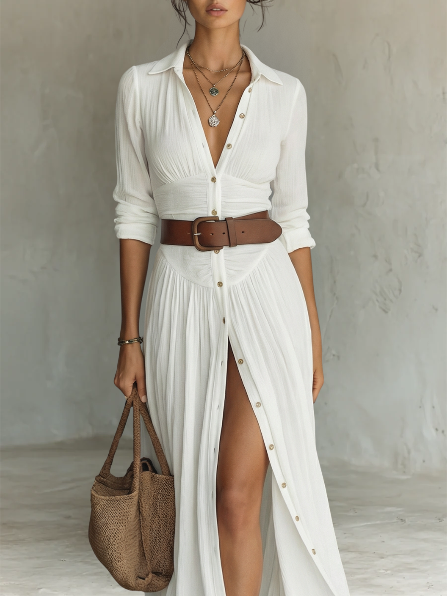 Abito Maxi Pieghettato in Lino Bianco