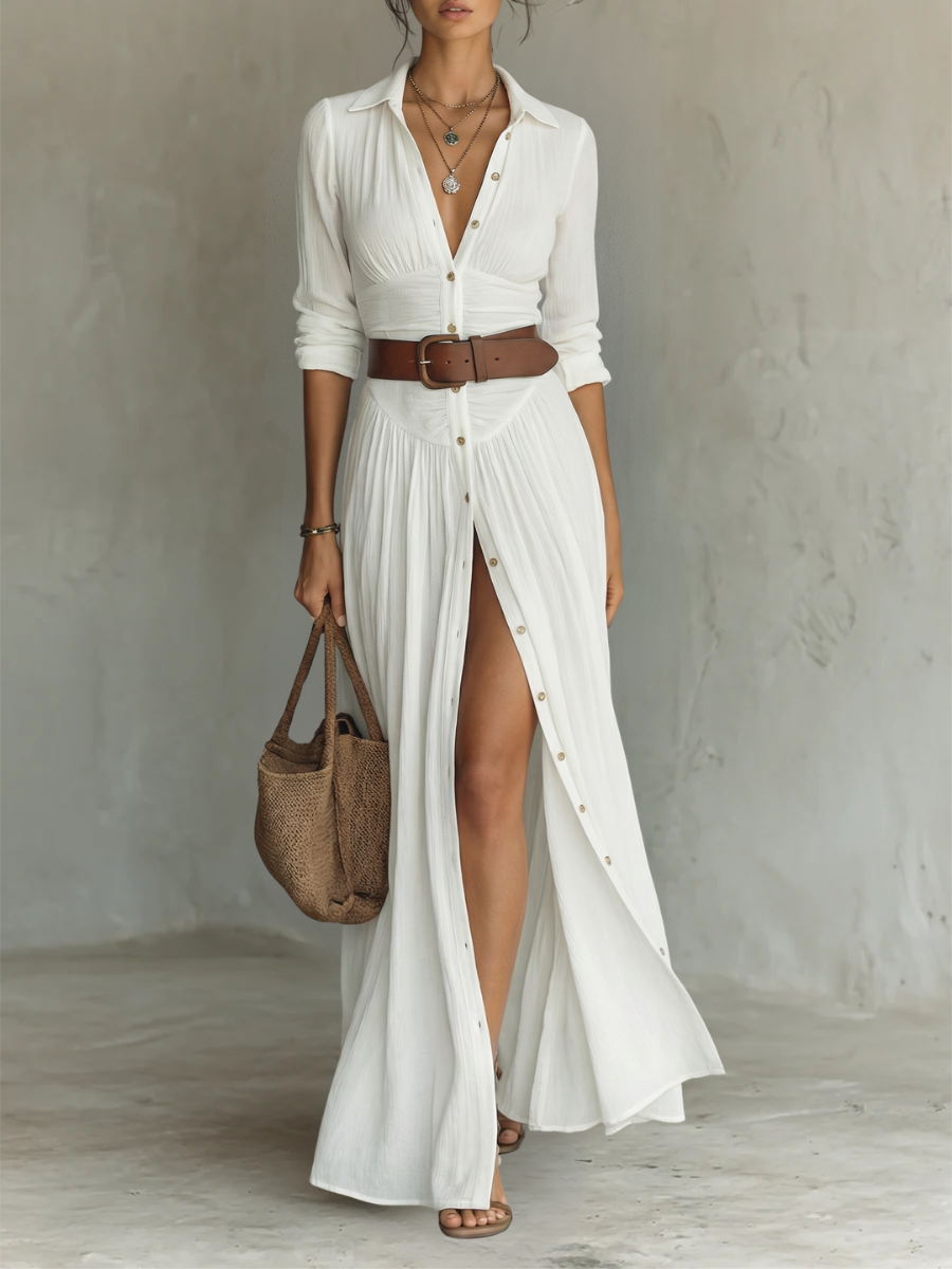 Robe Maxi Donna | Abito in lino con maniche lunghe e colletto