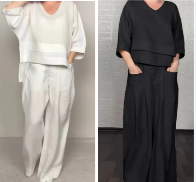 Liza - Completo in cotone e tela 2 pezzi - Top con scollo a V e pantaloni a gamba larga