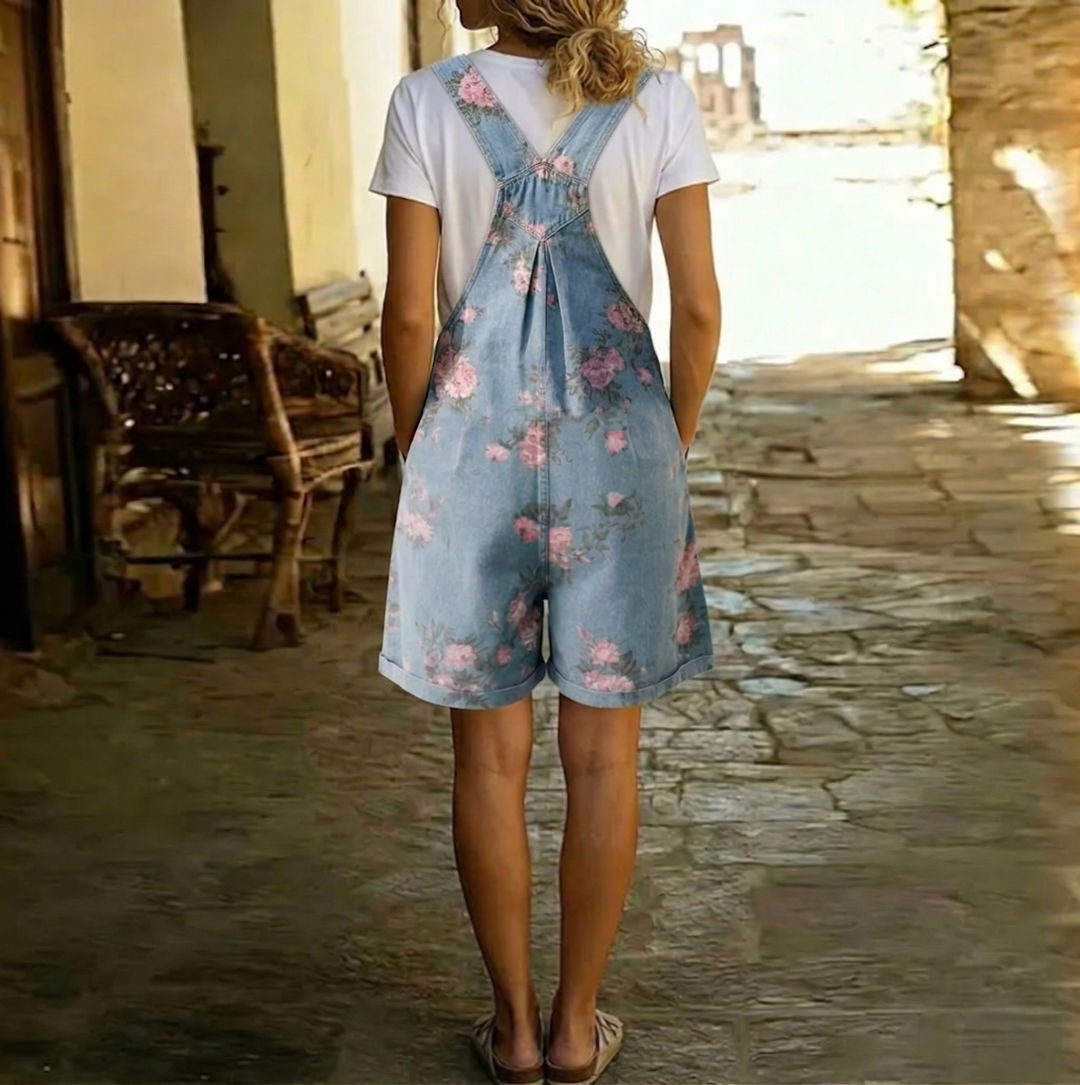 Judy | Vintage Salopette in Denim di Cotone Morbido con Fiori