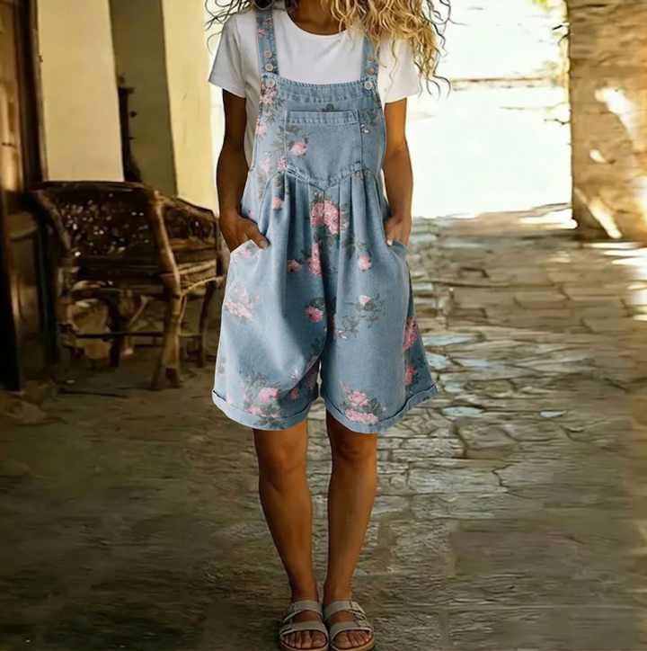 Judy | Vintage Salopette in Denim di Cotone Morbido con Fiori